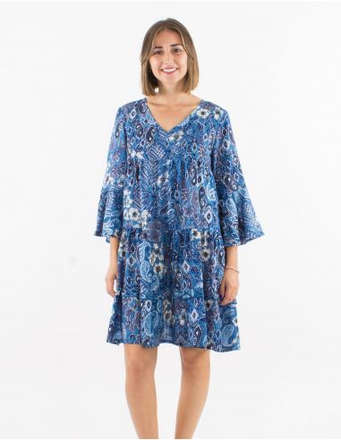 Vestido poliester mangas 3/4 tulipan estampado bohemia plateado