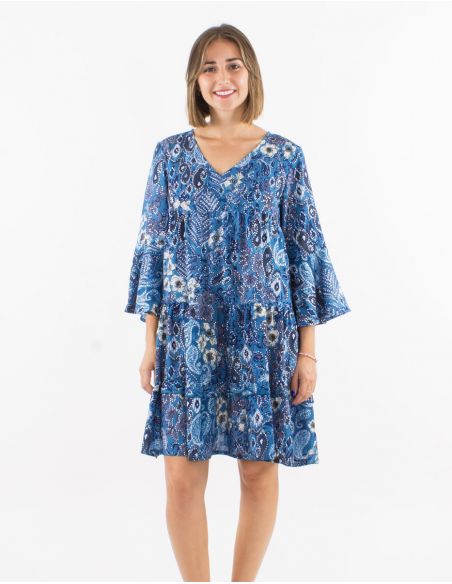 Vestido poliester mangas 3/4 tulipan estampado bohemia plateado