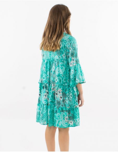 Vestido poliester mangas 3/4 tulipan estampado bohemia plateado