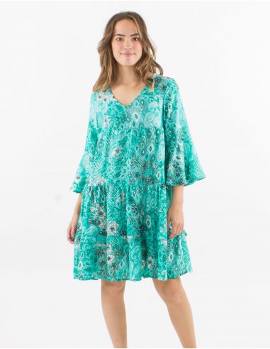 Vestido poliester mangas 3/4 tulipan estampado bohemia plateado