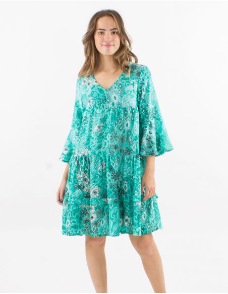 Vestido poliester mangas 3/4 tulipan estampado bohemia plateado