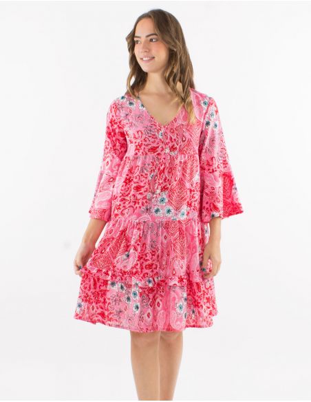 Vestido poliester mangas 3/4 tulipan estampado bohemia plateado