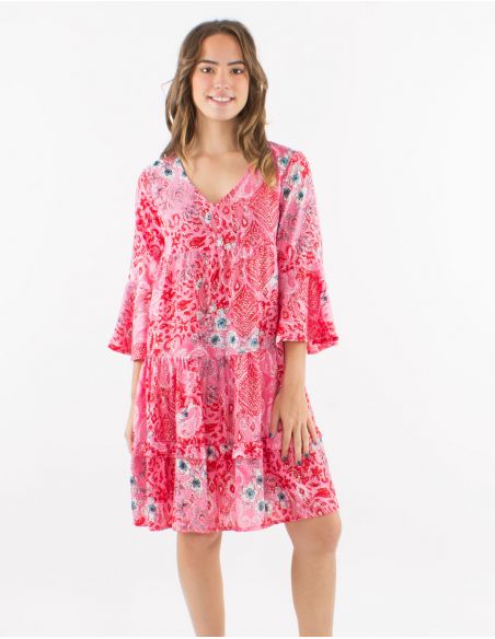 Vestido poliester mangas 3/4 tulipan estampado bohemia plateado