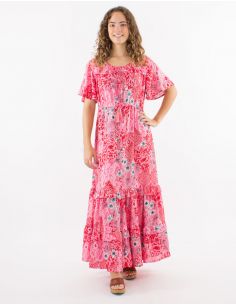 Vestido largo poliester con volantes mangas cortas estampado bohemia plateado