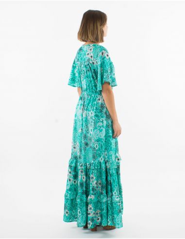 Vestido largo poliester con volantes mangas cortas estampado bohemia plateado