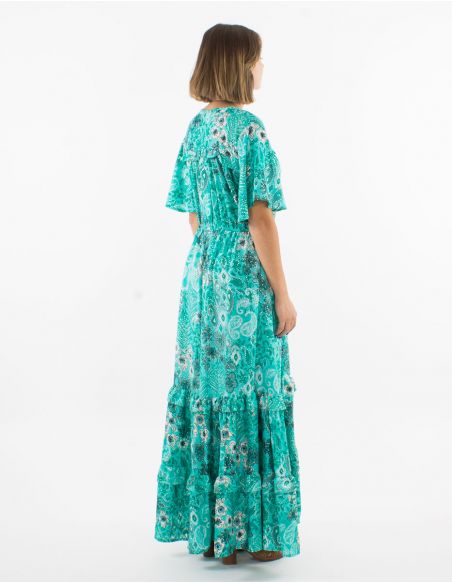 Vestido largo poliester con volantes mangas cortas estampado bohemia plateado