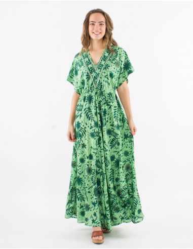 Vestido largo poliester mangas cortas estampado aster dorado