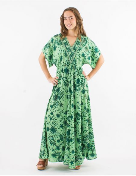 Vestido largo poliester mangas cortas estampado aster dorado