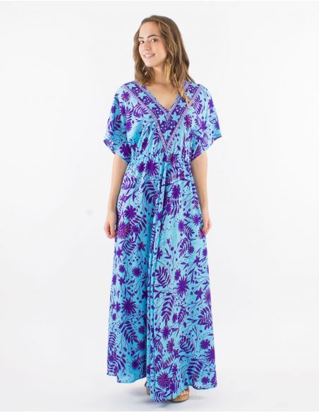 Vestido largo poliester mangas cortas estampado aster dorado