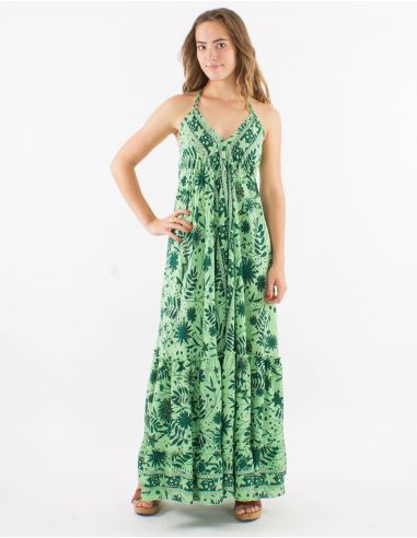 Vestido largo poliester espalda descubierta estampado aster dorado