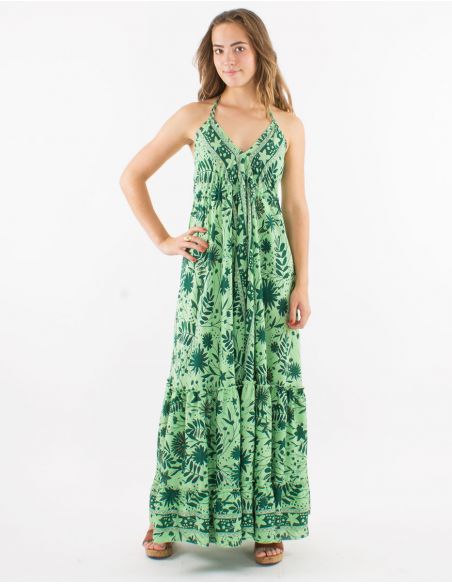 Vestido largo poliester espalda descubierta estampado aster dorado