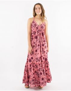 Vestido largo poliester espalda descubierta estampado aster dorado 2