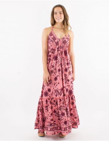 Vestido largo poliester espalda descubierta estampado aster dorado