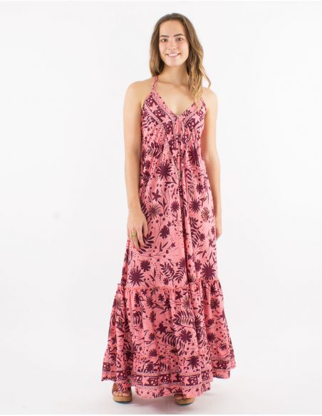 Vestido largo poliester espalda descubierta estampado aster dorado