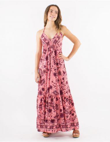 Vestido largo poliester espalda descubierta estampado aster dorado