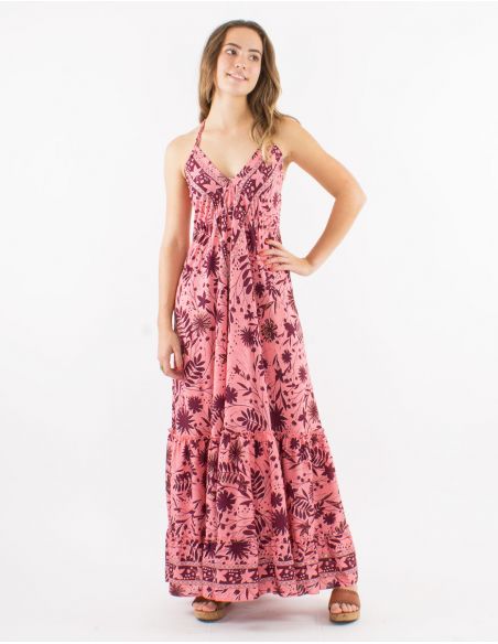 Vestido largo poliester espalda descubierta estampado aster dorado