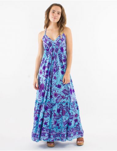 Vestido largo poliester espalda descubierta estampado aster dorado