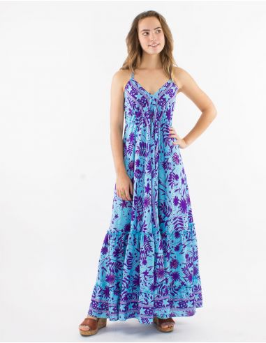 Vestido largo poliester espalda descubierta estampado aster dorado