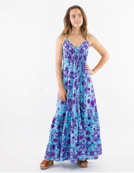 Vestido largo poliester espalda descubierta estampado aster dorado