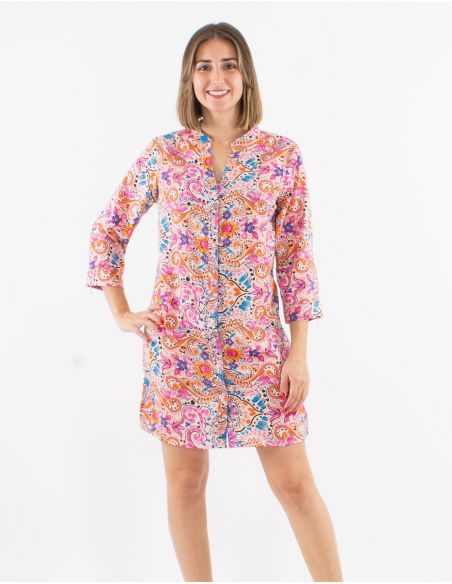 Vestido corto poliester con botones mangas 3/4 remangables estampado acuarela