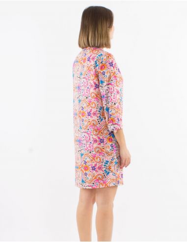 Vestido corto poliester con botones mangas 3/4 remangables estampado acuarela