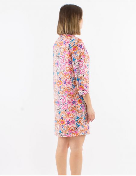 Vestido corto poliester con botones mangas 3/4 remangables estampado acuarela