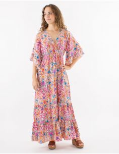 Vestido largo poliester con volantes mangas cortas tulipan estampado acuarela