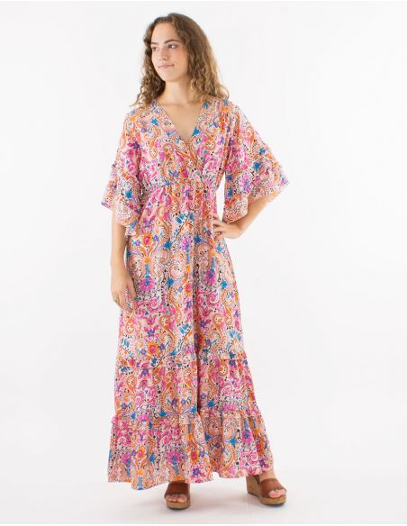 Vestido largo poliester con volantes mangas cortas tulipan estampado acuarela