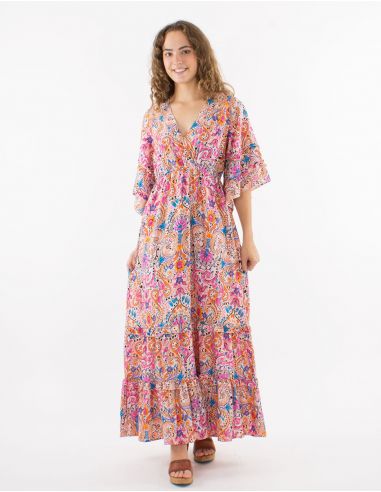 Vestido largo poliester con volantes mangas cortas tulipan estampado acuarela