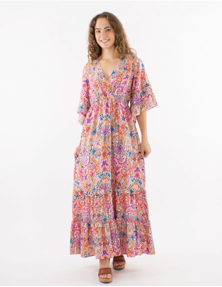 Vestido largo poliester con volantes mangas cortas tulipan estampado acuarela