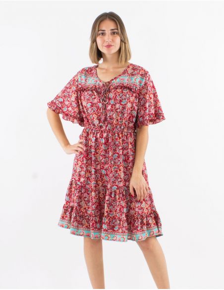 Vestido poliester con volantes mangas cortas estampado floral