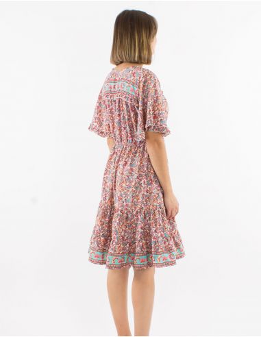 Vestido poliester con volantes mangas cortas estampado floral