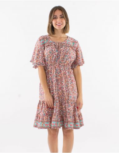 Vestido poliester con volantes mangas cortas estampado floral