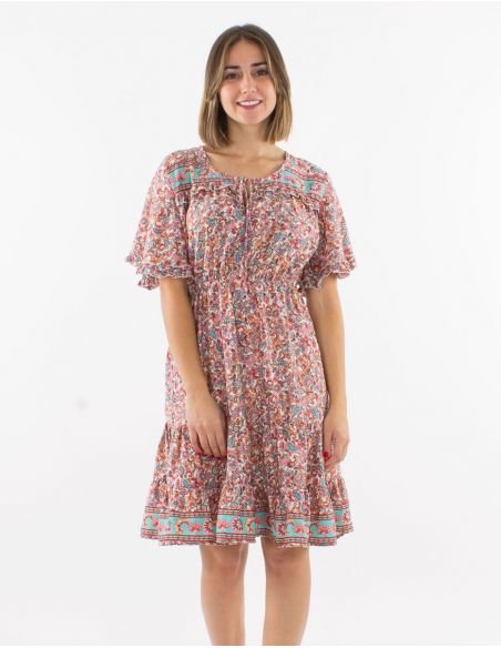 Vestido poliester con volantes mangas cortas estampado floral