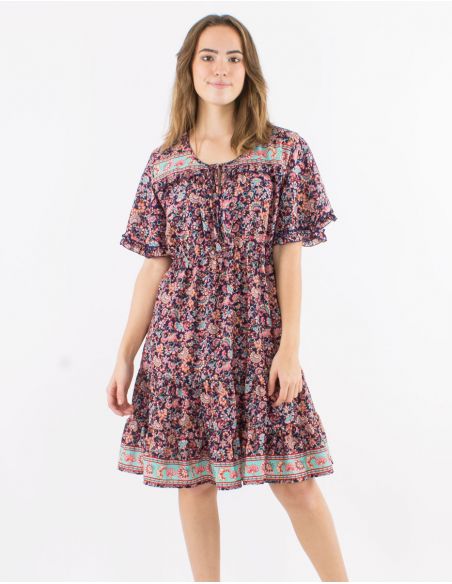 Vestido poliester con volantes mangas cortas estampado floral