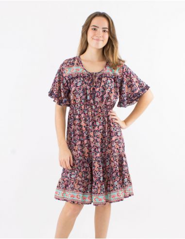 Vestido poliester con volantes mangas cortas estampado floral