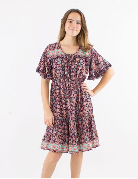 Vestido poliester con volantes mangas cortas estampado floral