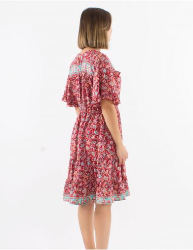Vestido poliester con volantes mangas cortas estampado floral