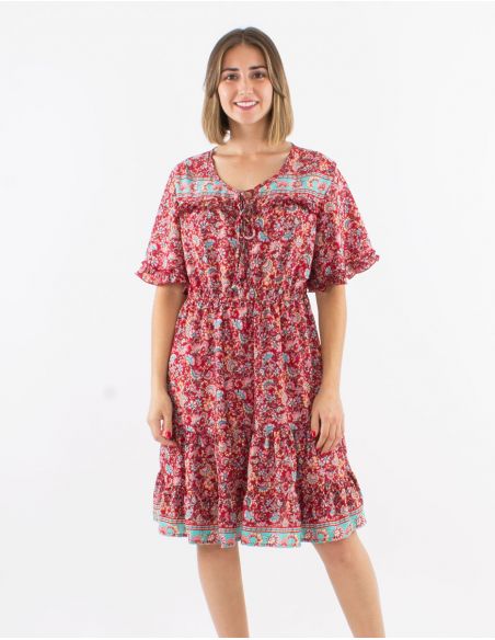 Vestido poliester con volantes mangas cortas estampado floral