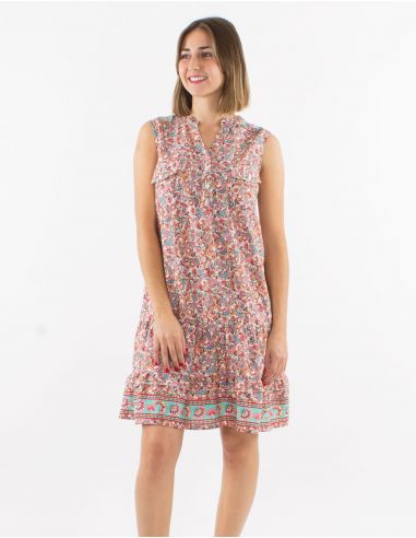 Vestido poliester bolsillos pecho sin mangas estampado floral