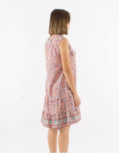 Vestido poliester bolsillos pecho sin mangas estampado floral