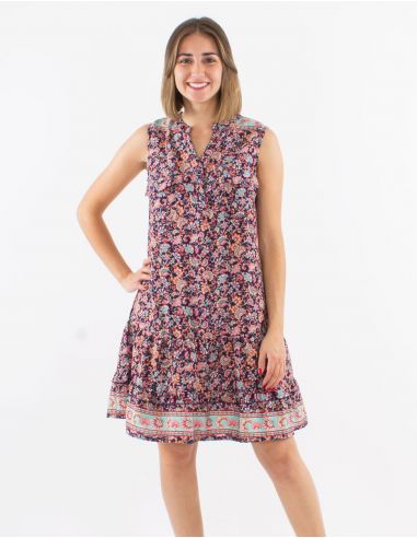 Vestido poliester bolsillos pecho sin mangas estampado floral
