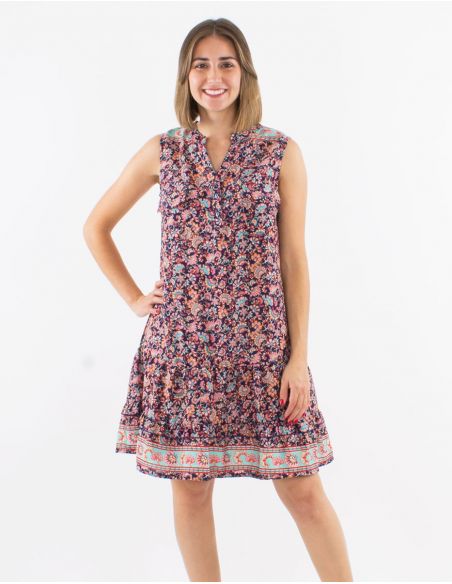Vestido poliester bolsillos pecho sin mangas estampado floral