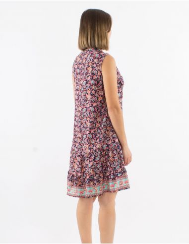 Vestido poliester bolsillos pecho sin mangas estampado floral