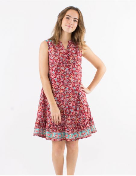 Vestido poliester bolsillos pecho sin mangas estampado floral