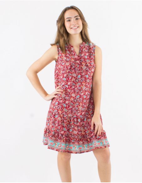Vestido poliester bolsillos pecho sin mangas estampado floral