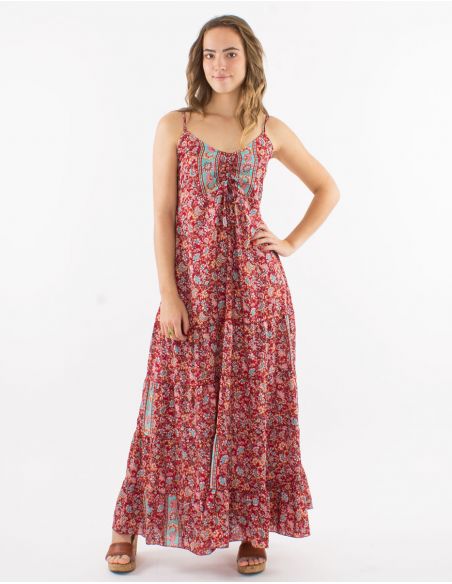 Vestido largo poliester con volantes tirantes estampado floral