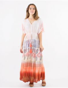 Vestido largo viscosa tie and dye mangas cortas cuello v 2