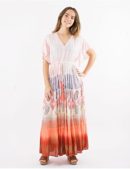 Vestido largo viscosa tie and dye mangas cortas cuello v