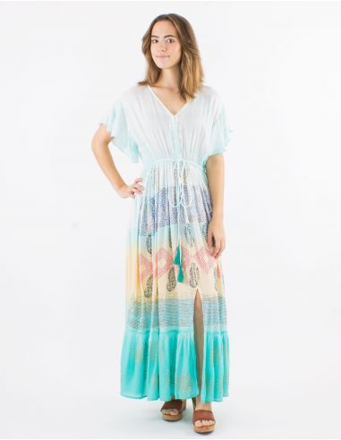 Vestido largo viscosa tie and dye mangas cortas cuello v